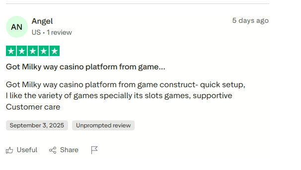 Five-star unprompted Trustpilot review from Angel in the US praising Game Construct for quick setup of Milky Way casino platform, excellent slots variety and supportive customer care, dated September 2025