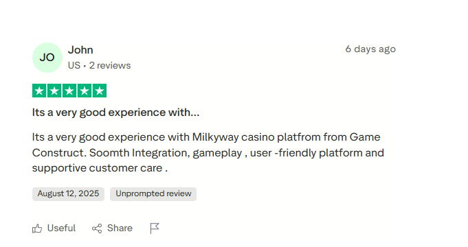 Five-star unprompted Trustpilot review from John in the US praising Game Construct's Milky Way casino platform for smooth integration, gameplay, user-friendly design and supportive customer care, dated August 2025