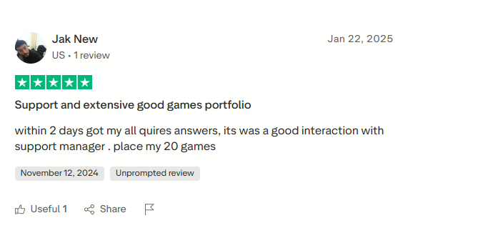 Five-star unprompted Trustpilot review from Jak New in the US praising Game Construct's responsive support team and extensive game portfolio with 20 games placed within days, dated November 2024