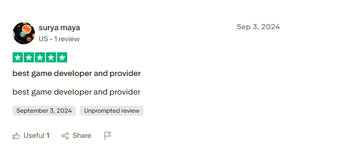 Five-star unprompted Trustpilot review from Surya Maya in the US naming Game Construct the best game developer and provider, dated September 2024