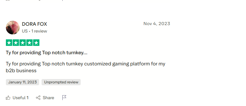 Five-star Trustpilot review from Dora Fox in the US praising Game Construct for providing a top-notch turnkey customized gaming platform for B2B business, dated January 2023