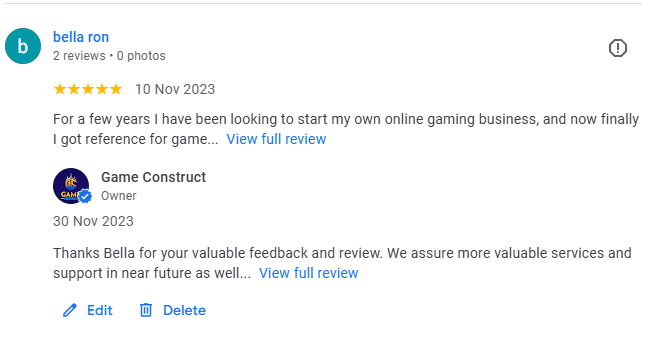 Five-star Google review from Bella Ron praising Game Construct as a trusted online gaming business reference, with owner response from Game Construct dated November 2023